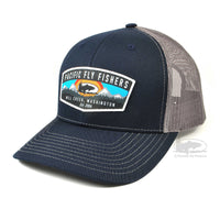 Pacific Fly Fishers Patch Trucker Hats - Sunset Logo Navy Blue