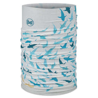 Buff CoolNet UV -  Shiver Blue. Multicolored neck gaiter with shark pattern on a white background